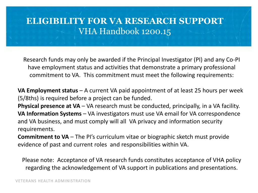 eligibility for va research support vha handbook 1