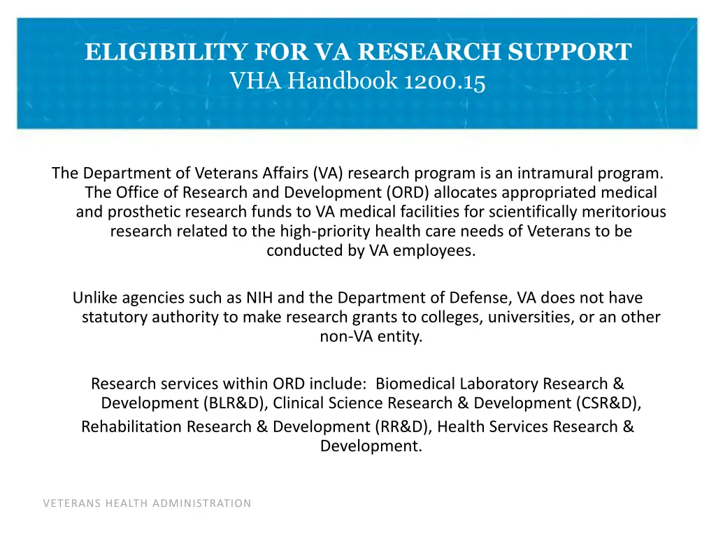 eligibility for va research support vha handbook