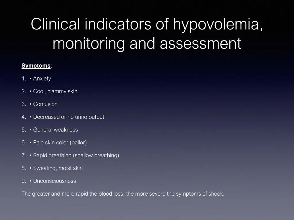 clinical indicators of hypovolemia monitoring