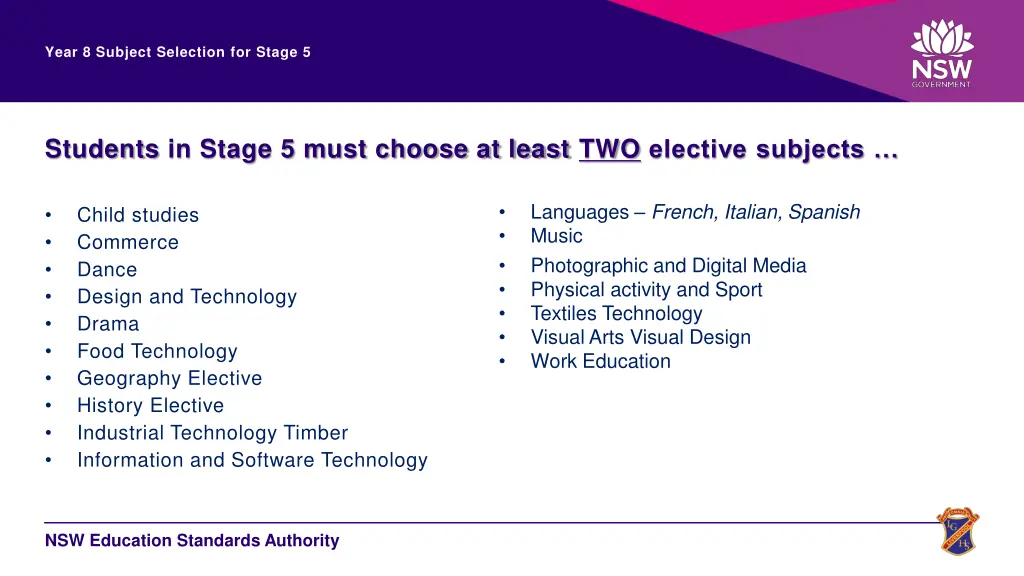 year 8 subject selection for stage 5 5