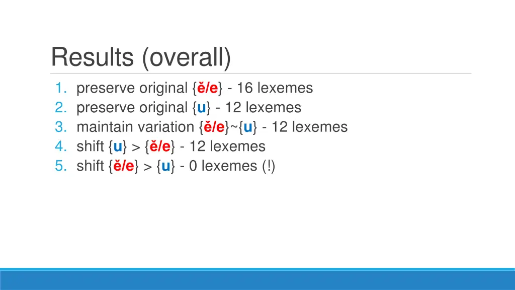 results overall 1 preserve original e 16 lexemes
