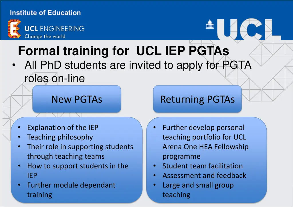 formal training for ucl iep pgtas