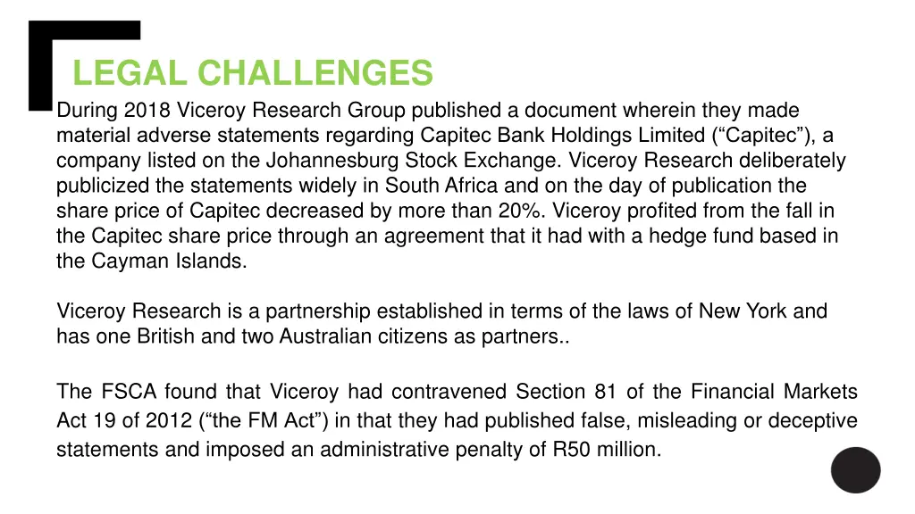 legal challenges during 2018 viceroy research