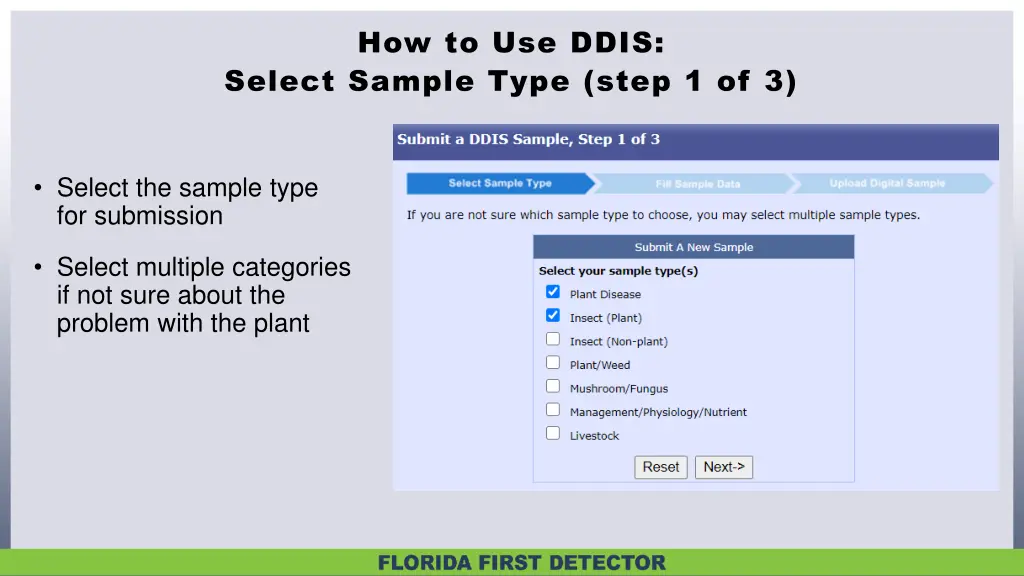 how to use ddis select sample type step 1 of 3