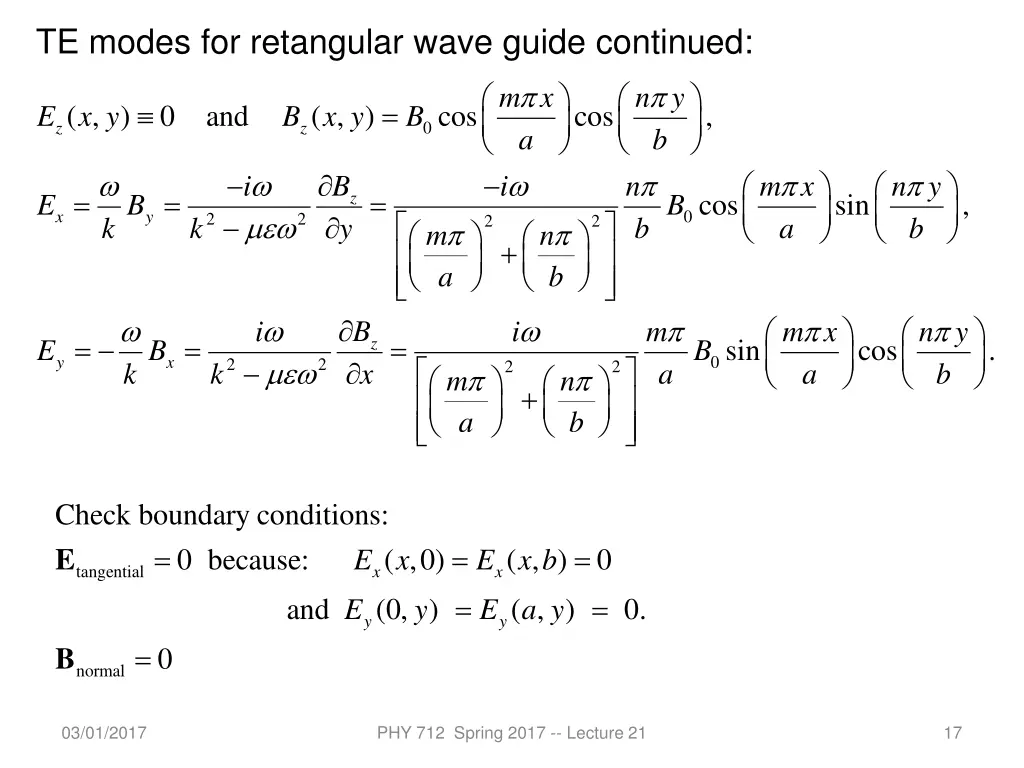 te modes for retangular wave guide continued