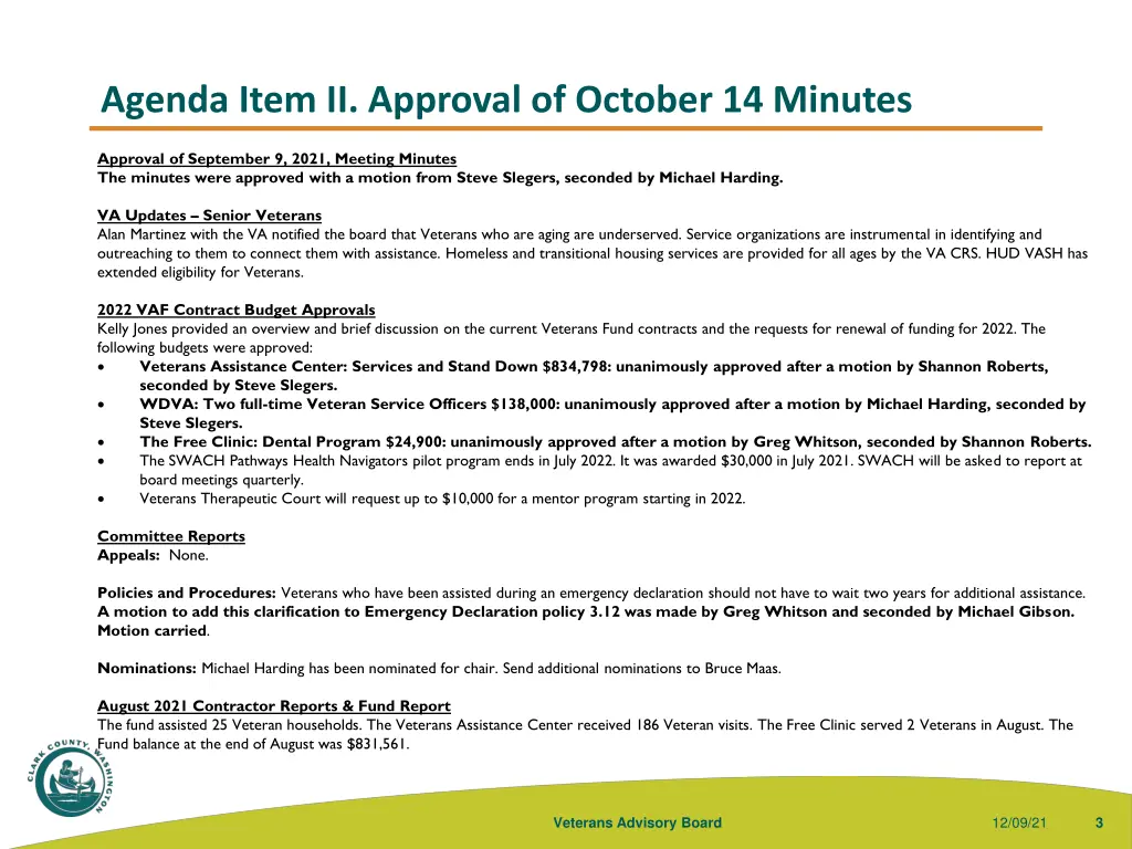 agenda item ii approval of october 14 minutes