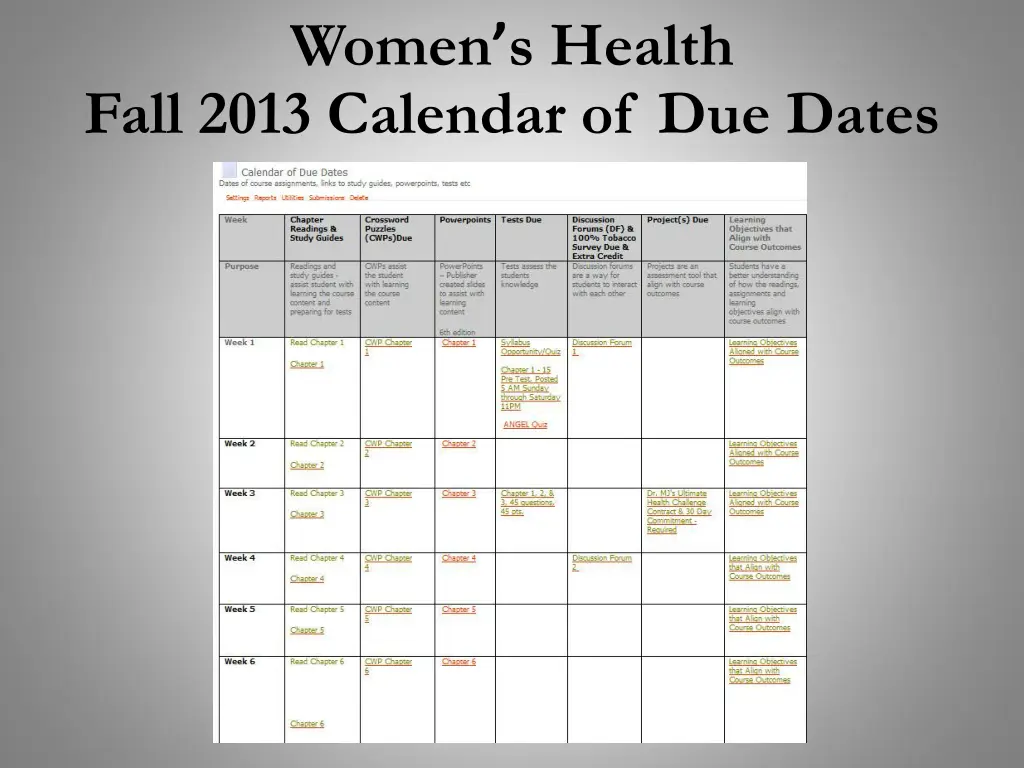 women s health fall 2013 calendar of due dates