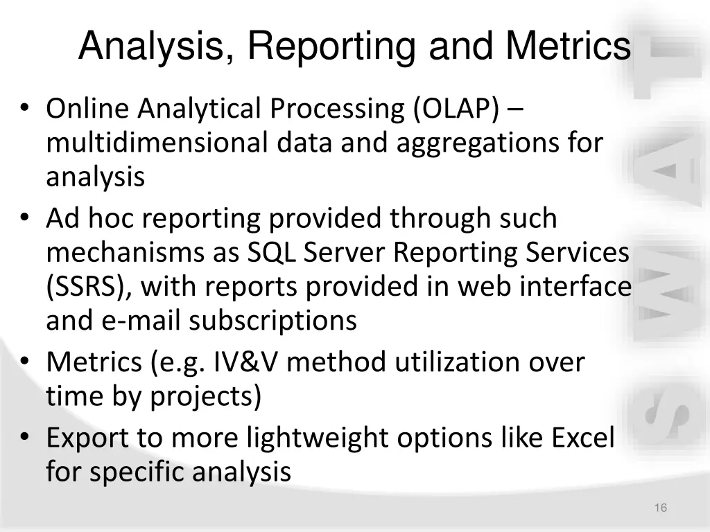 analysis reporting and metrics