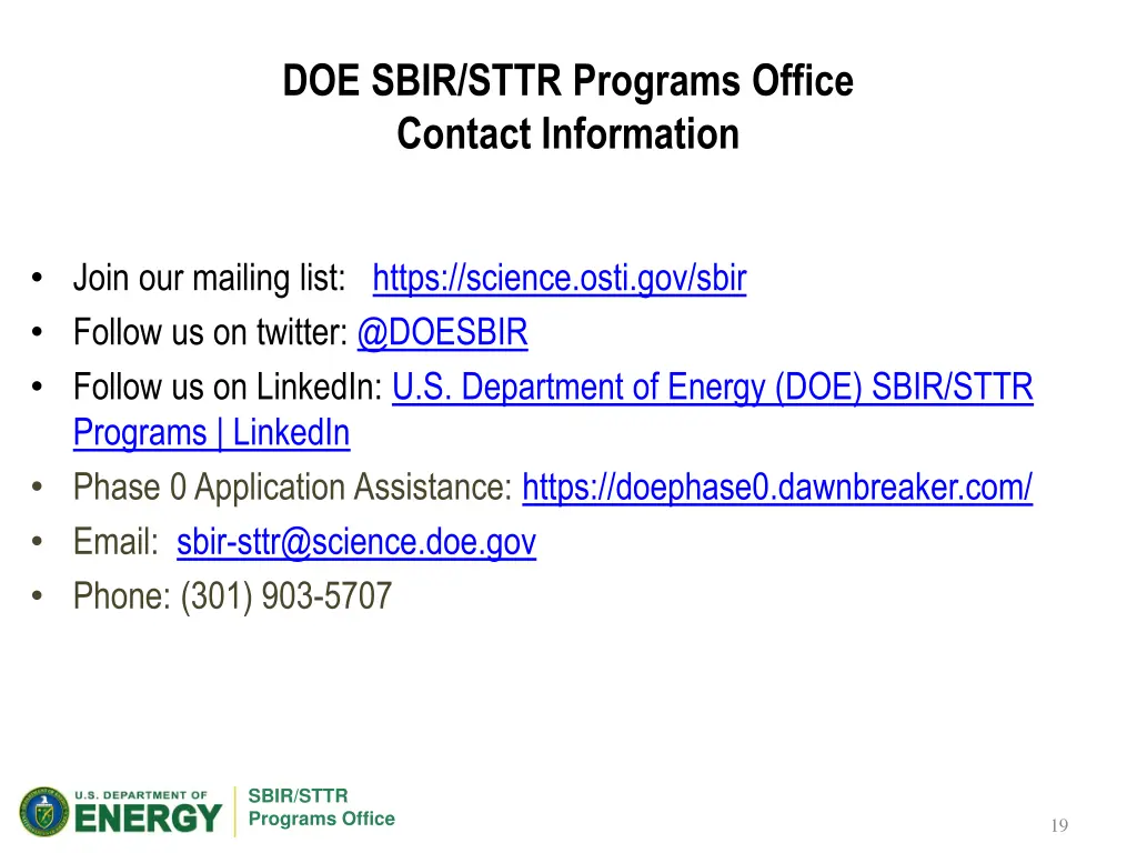 doe sbir sttr programs office contact information