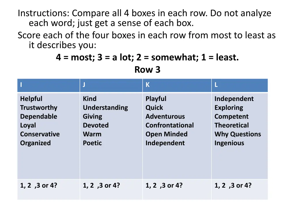 instructions compare all 4 boxes in each 2