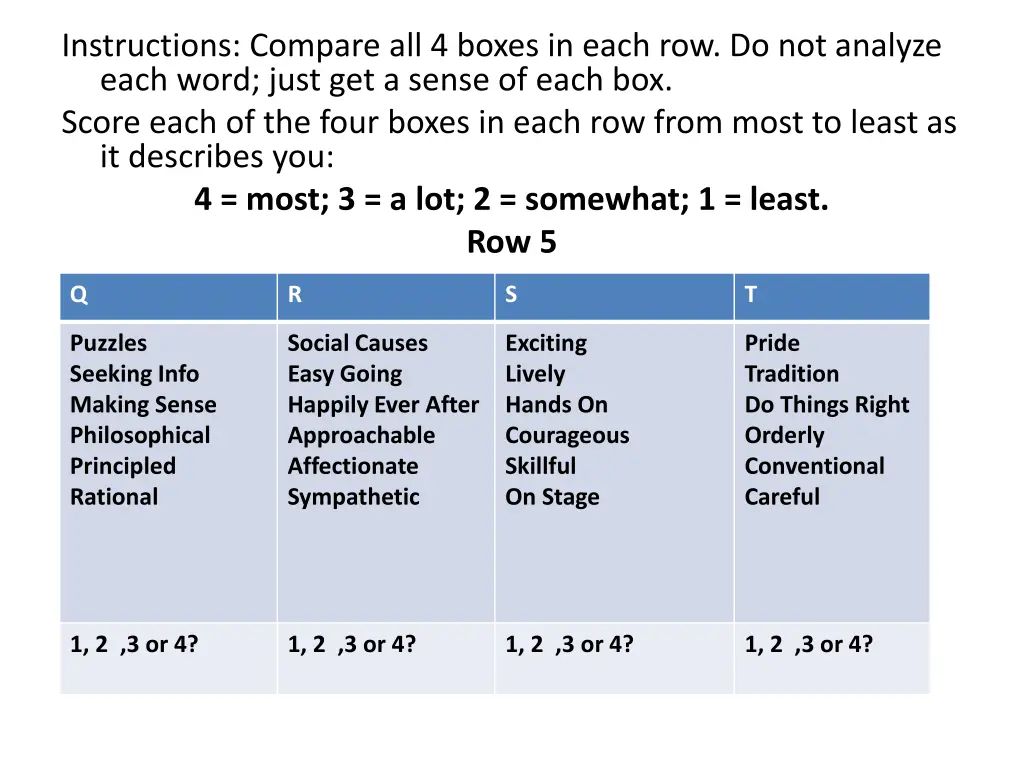instructions compare all 4 boxes in each 4