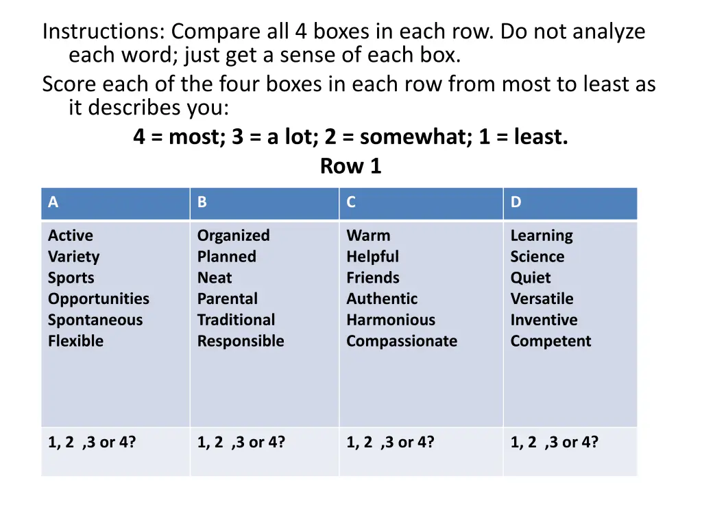 instructions compare all 4 boxes in each