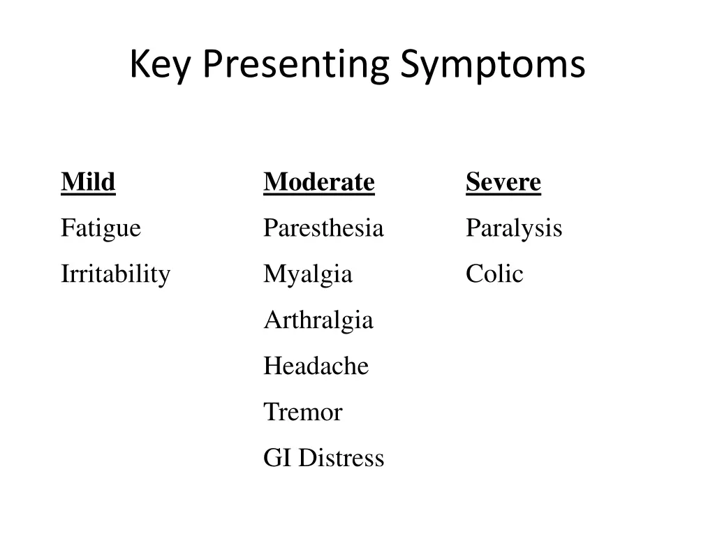 key presenting symptoms