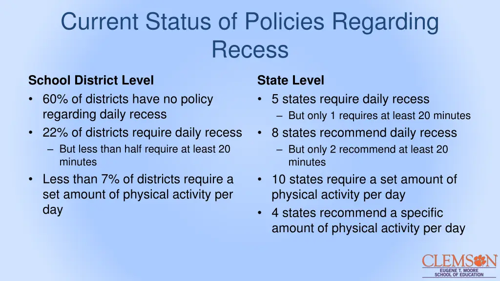 current status of policies regarding recess