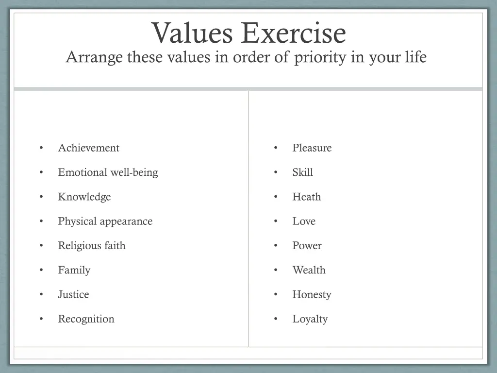 values exercise arrange these values in order