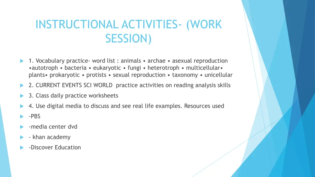 instructional activities work session