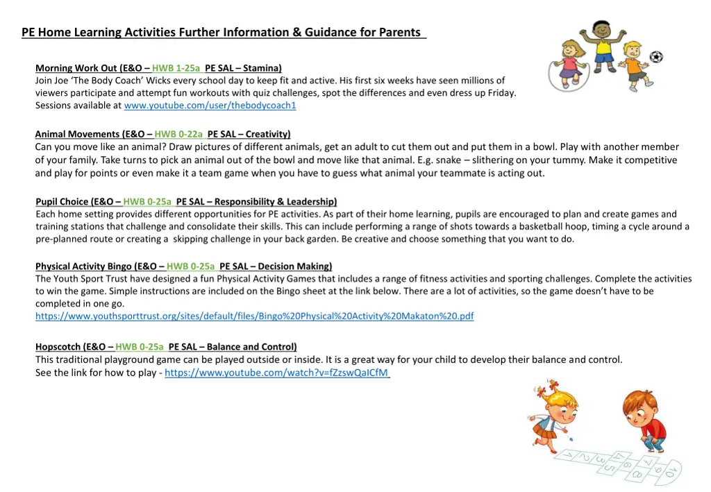 pe home learning activities further information