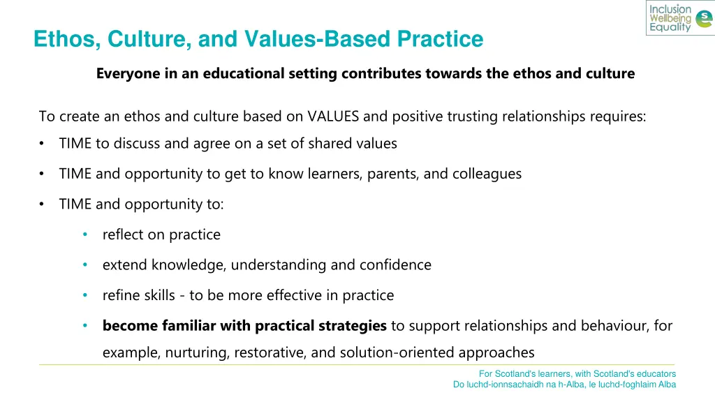 ethos culture and values based practice