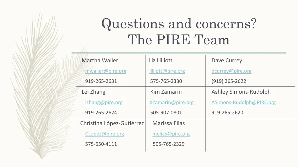 questions and concerns the pire team