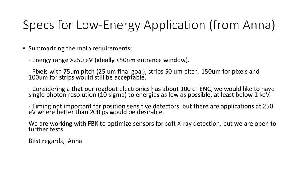 specs for low energy application from anna