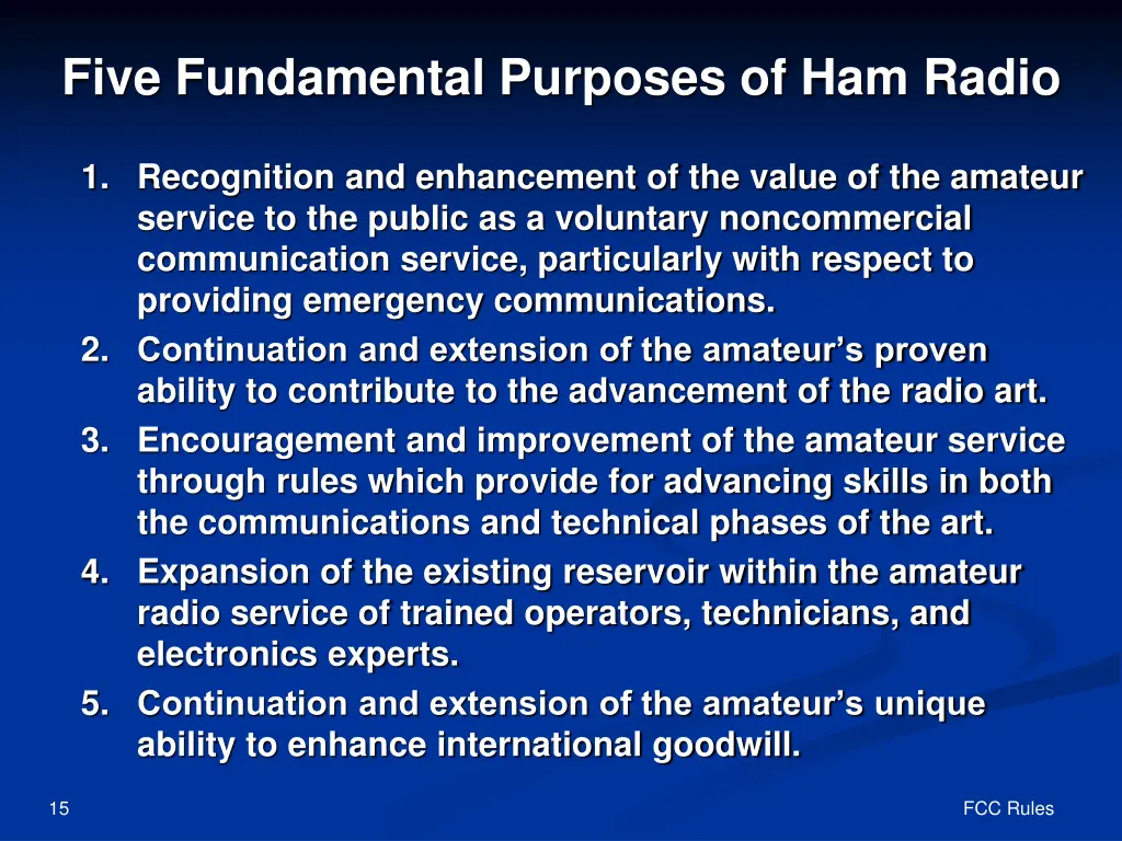 five fundamental purposes of ham radio