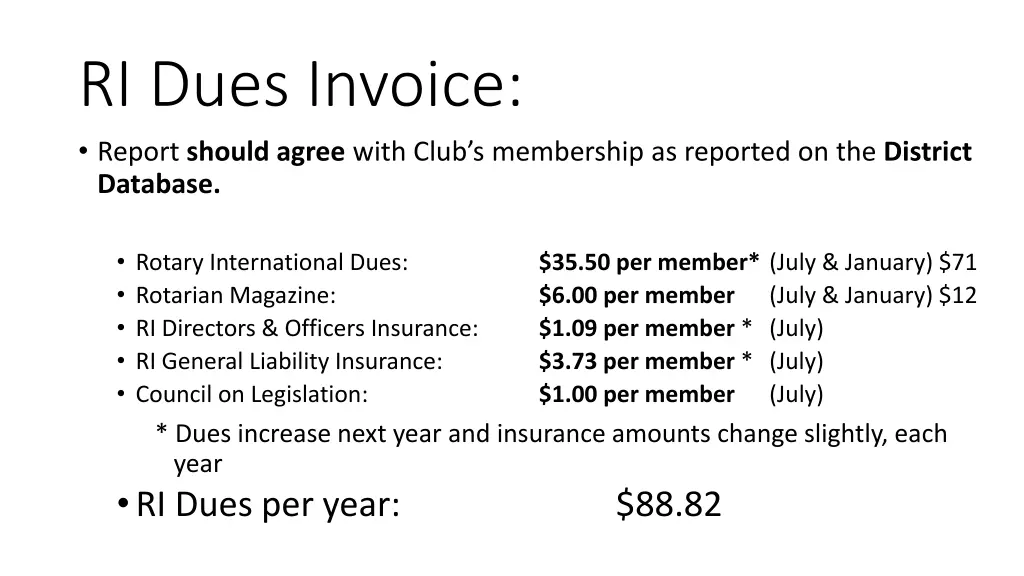 ri dues invoice report should agree with club