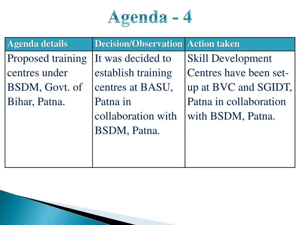 agenda details proposed training centres under