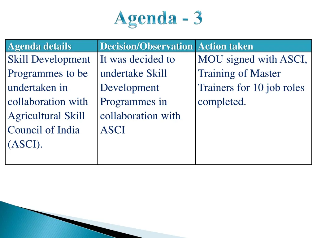 agenda details skill development programmes