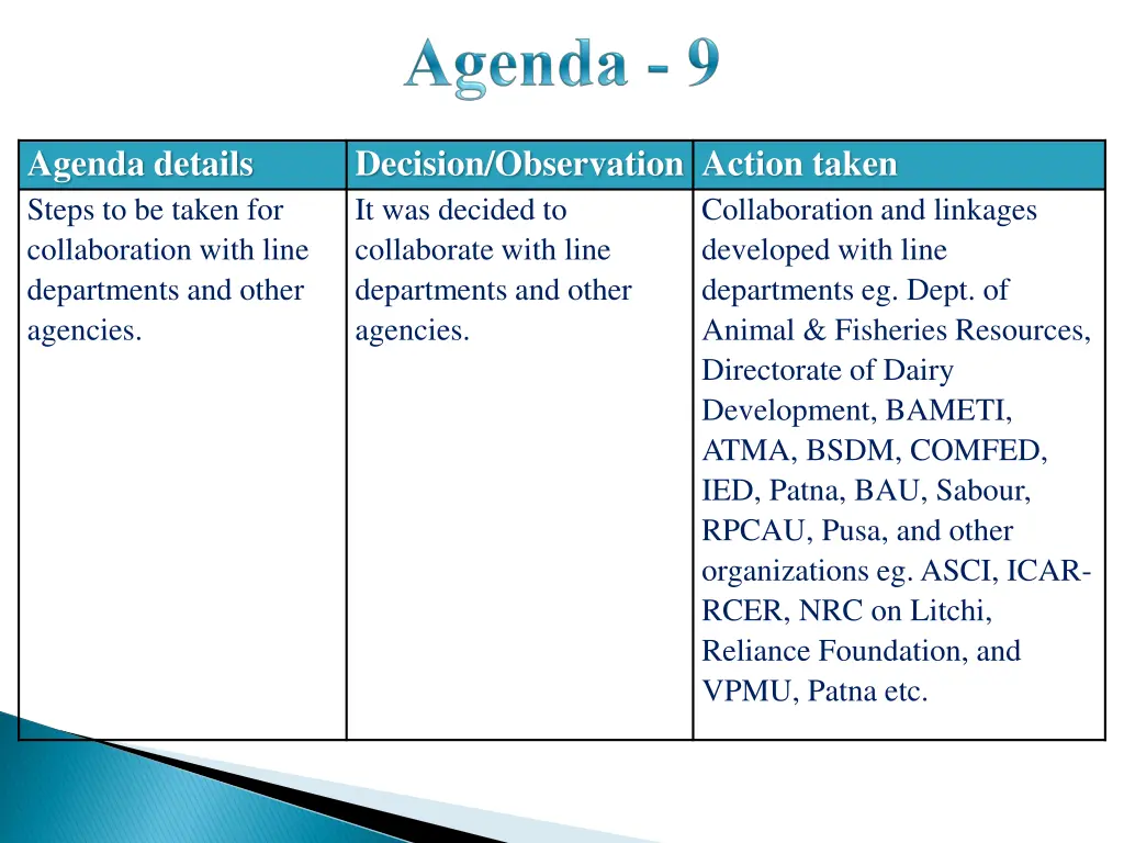 agenda details steps to be taken