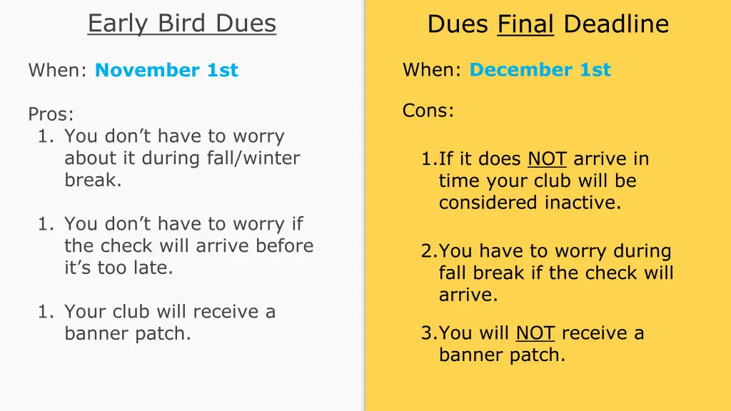 early bird dues