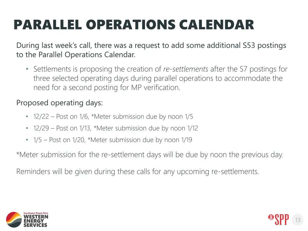 parallel operations calendar