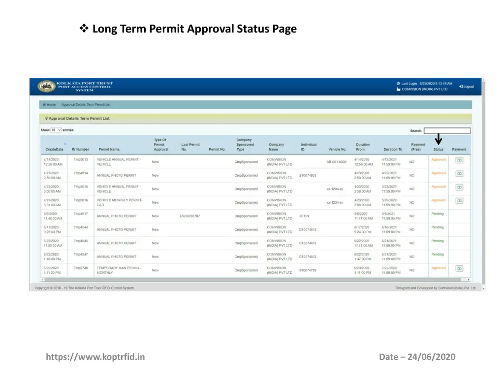 long term permit approval status page