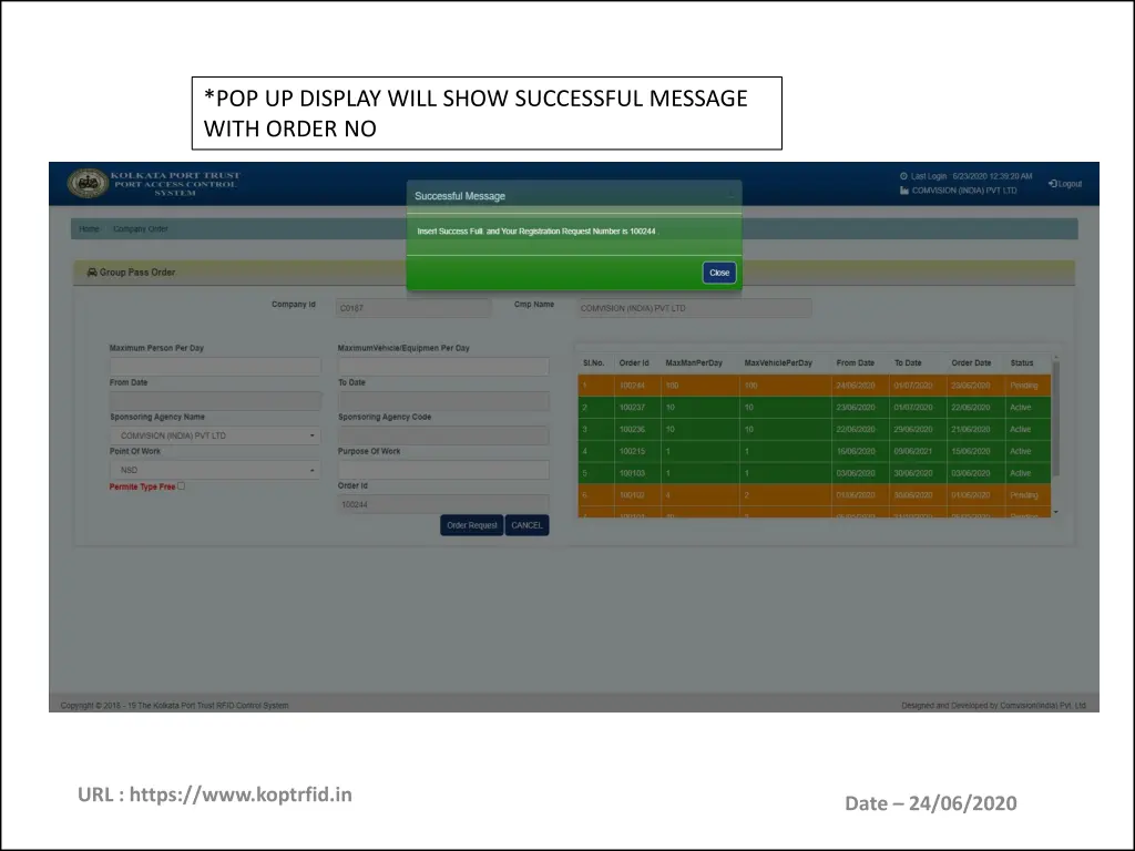 pop up display will show successful message with