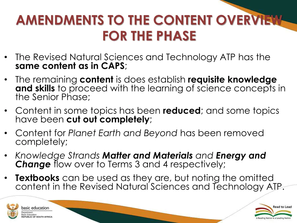 amendments to the content overview for the phase 1