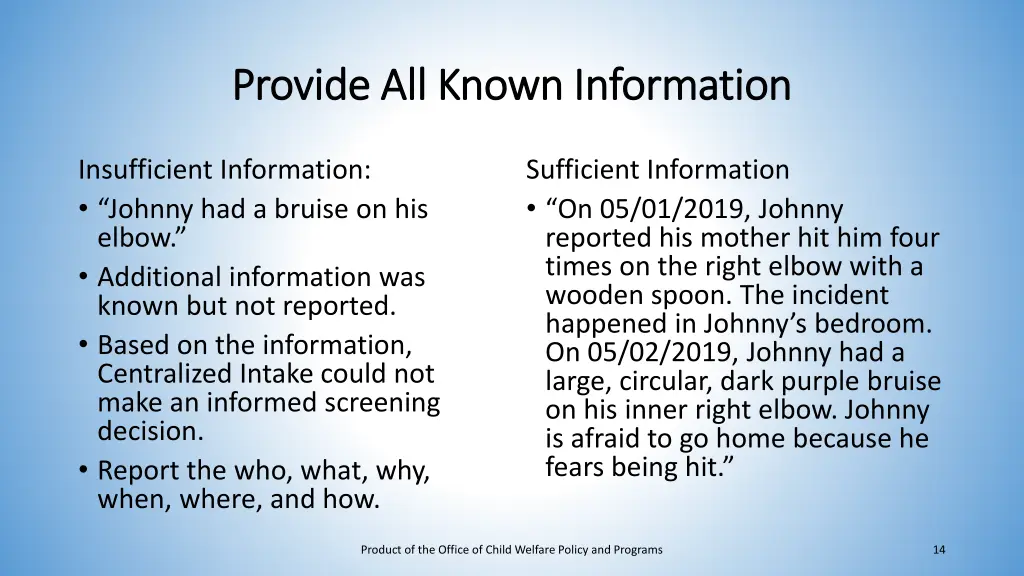 provide all known information provide all known
