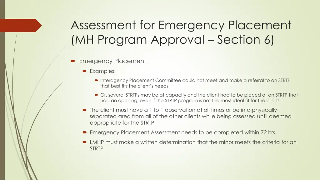 assessment for emergency placement mh program