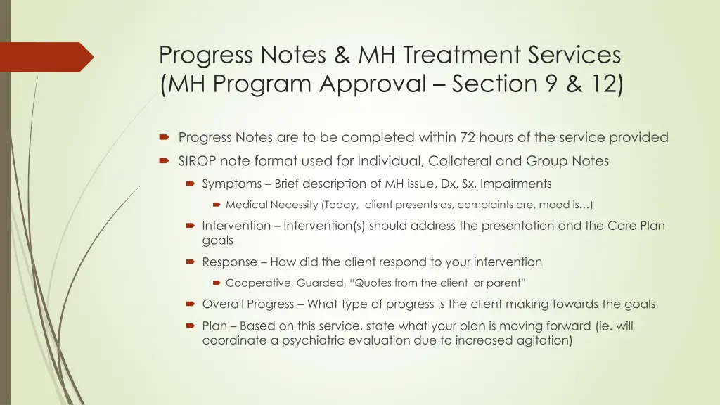 progress notes mh treatment services mh program