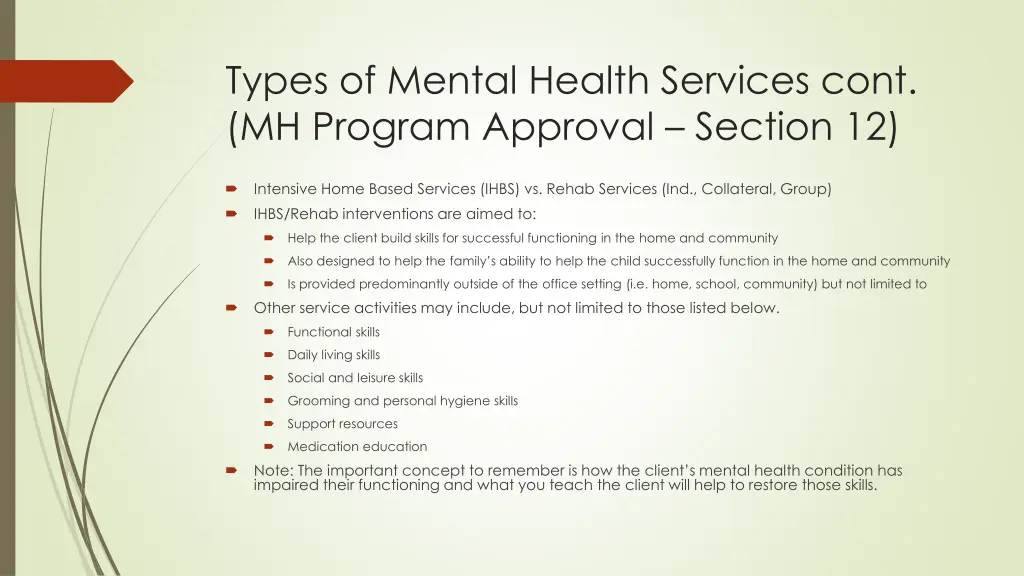 types of mental health services cont mh program
