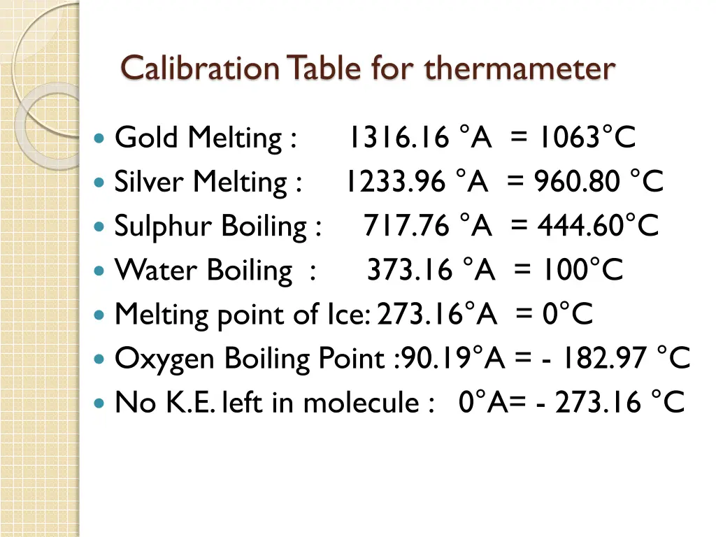 calibration table for thermameter