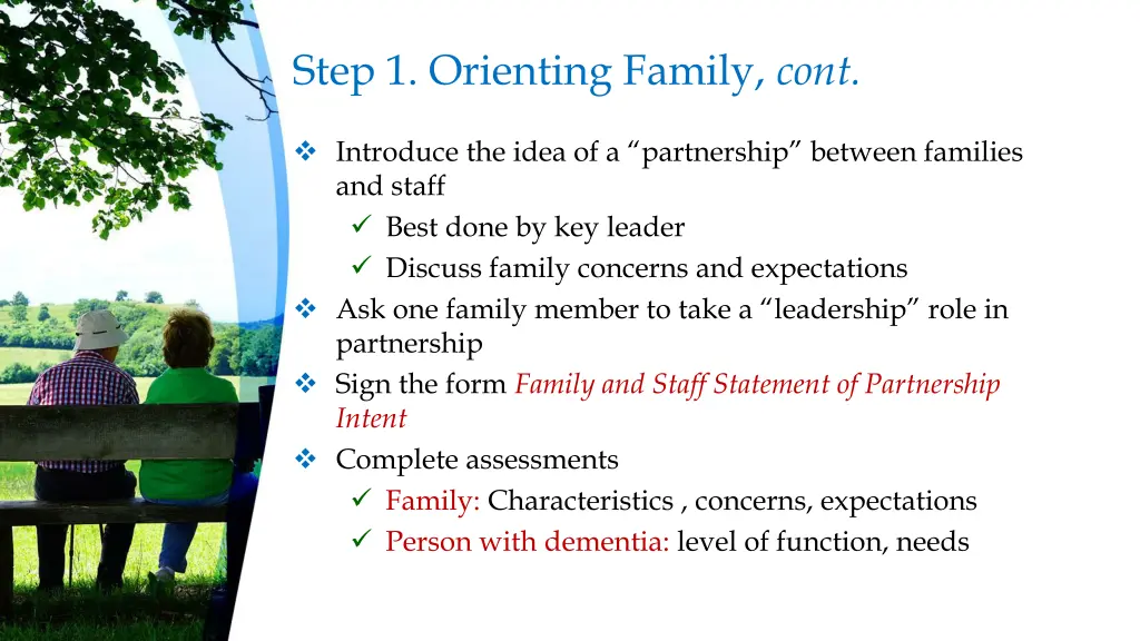 step 1 orienting family cont