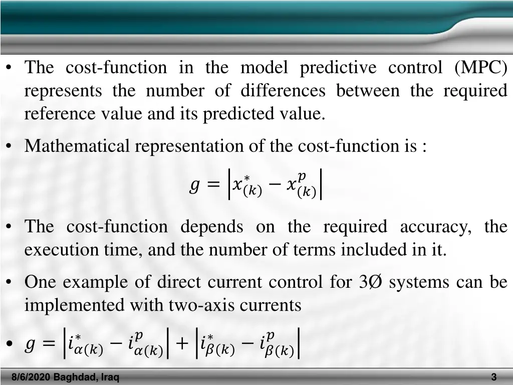 the cost function in the model predictive control