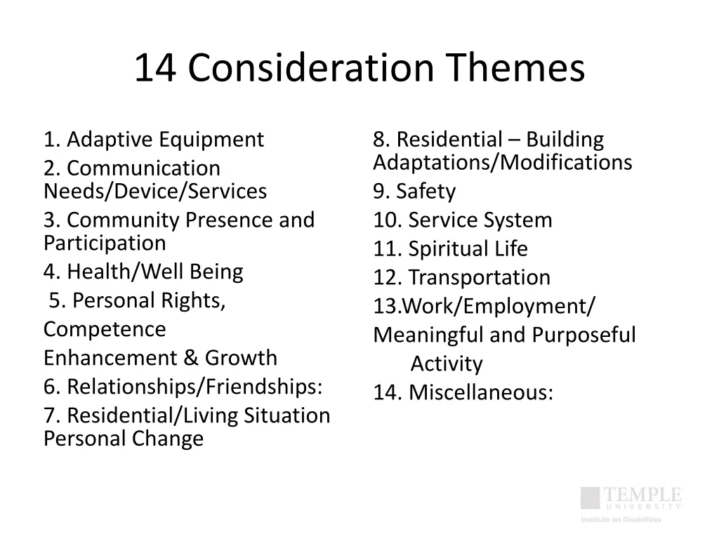 14 consideration themes