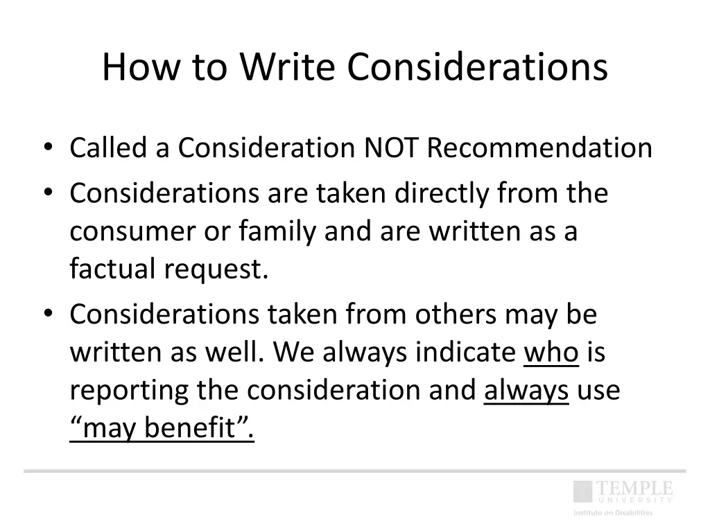 how to write considerations
