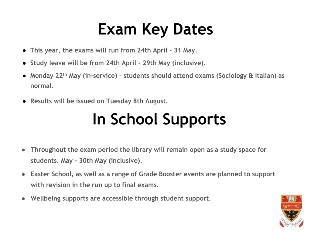 exam key dates