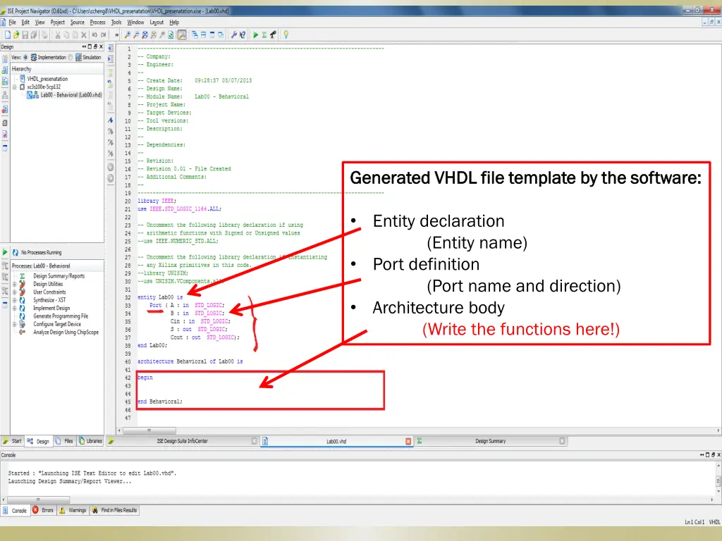 generated vhdl file template by the software