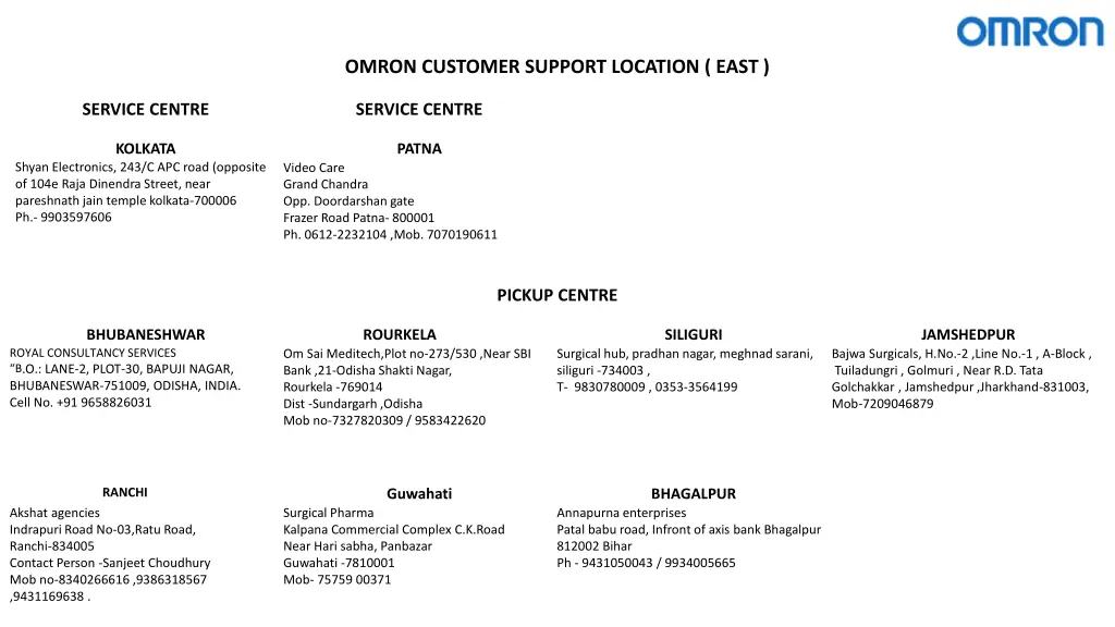 omron customer support location east