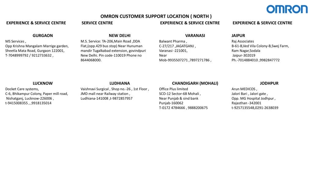 omron customer support location north service