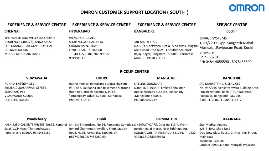 omron customer support location south