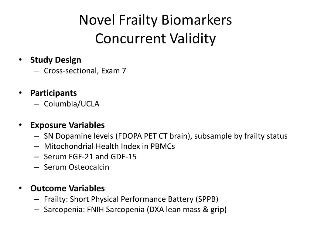 novel frailty biomarkers concurrent validity