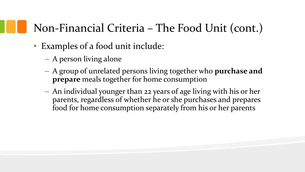 non financial criteria the food unit cont
